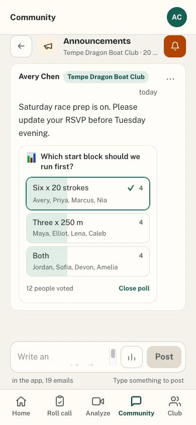 PaddleLens announcement with a poll for club members