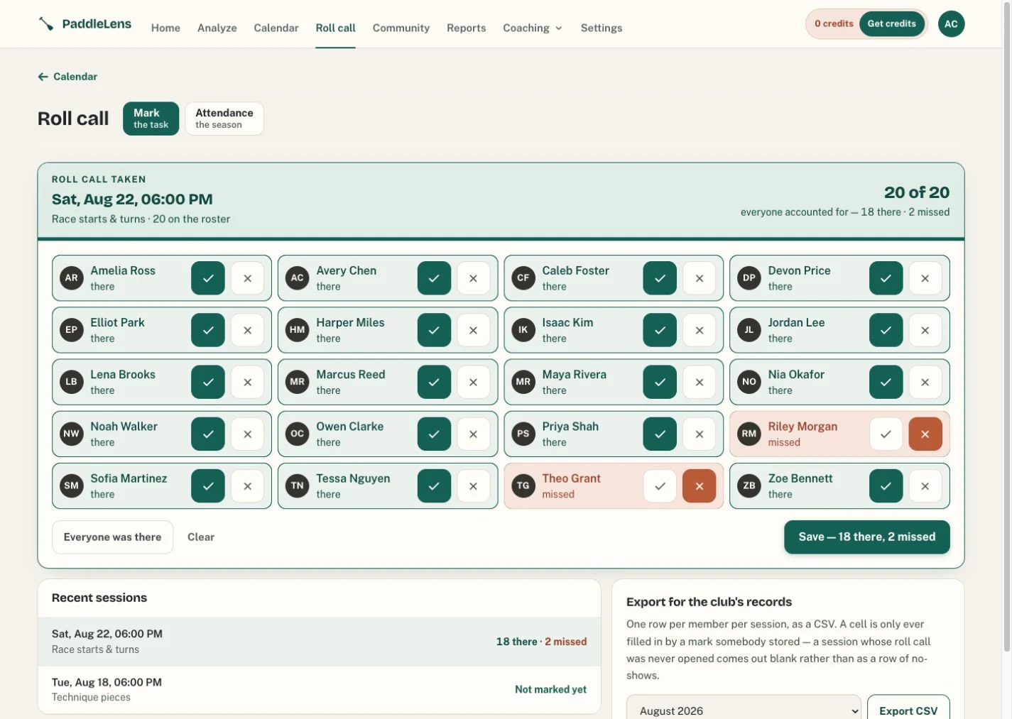 PaddleLens roll call view showing attendance states for a paddling practice